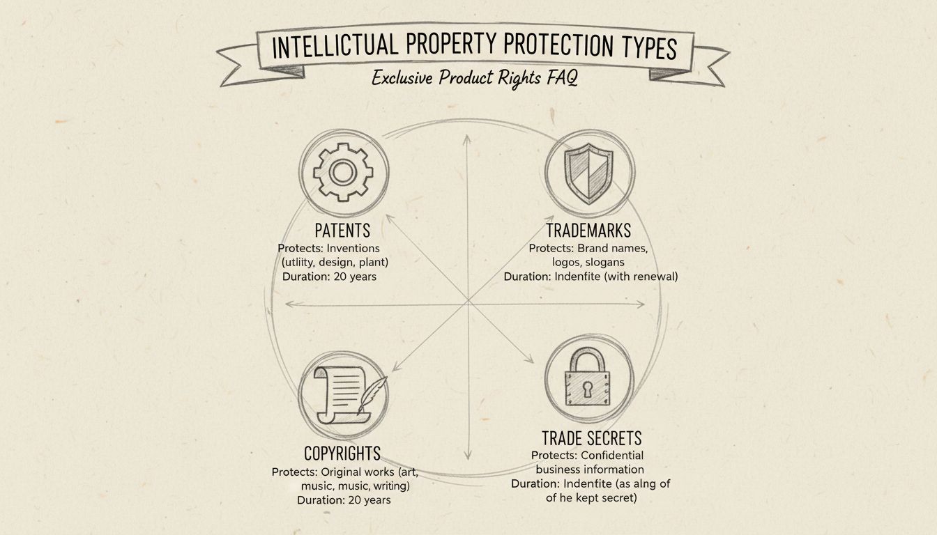 Four types of intellectual property protection: Patents, Trademarks, Copyrights, and Trade Secrets with their respective icons and protection durations