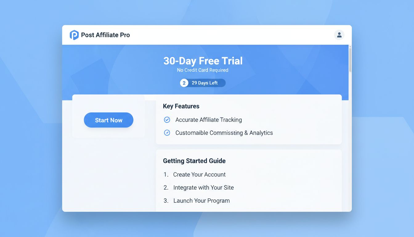 Post Affiliate Pro 30-day free trial dashboard interface showing signup and feature overview