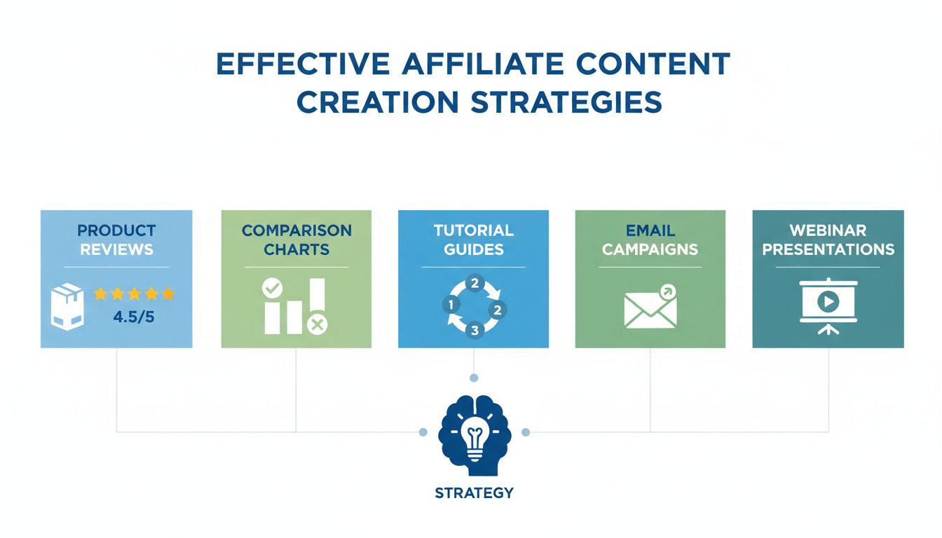 Effective affiliate content creation strategies including product reviews, tutorials, comparisons, email campaigns, and webinars