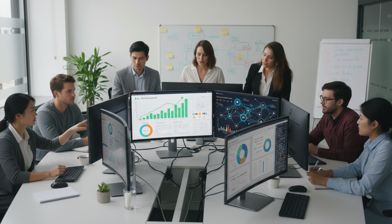 Tech startup team collaborating on affiliate marketing strategy with dashboard showing metrics and partner network visualization