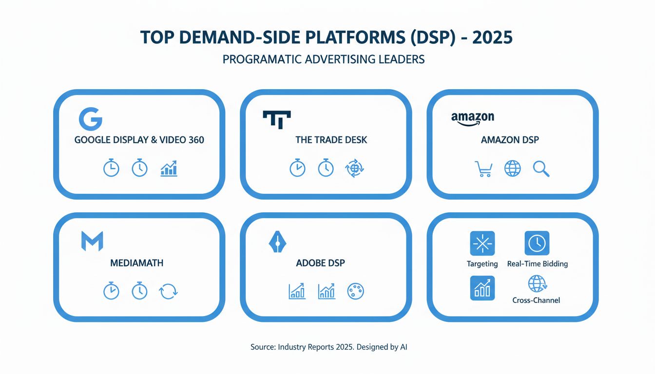Top demand-side platforms for programmatic advertising including Google Display & Video 360, The Trade Desk, Amazon DSP, MediaMath, and Adobe DSP