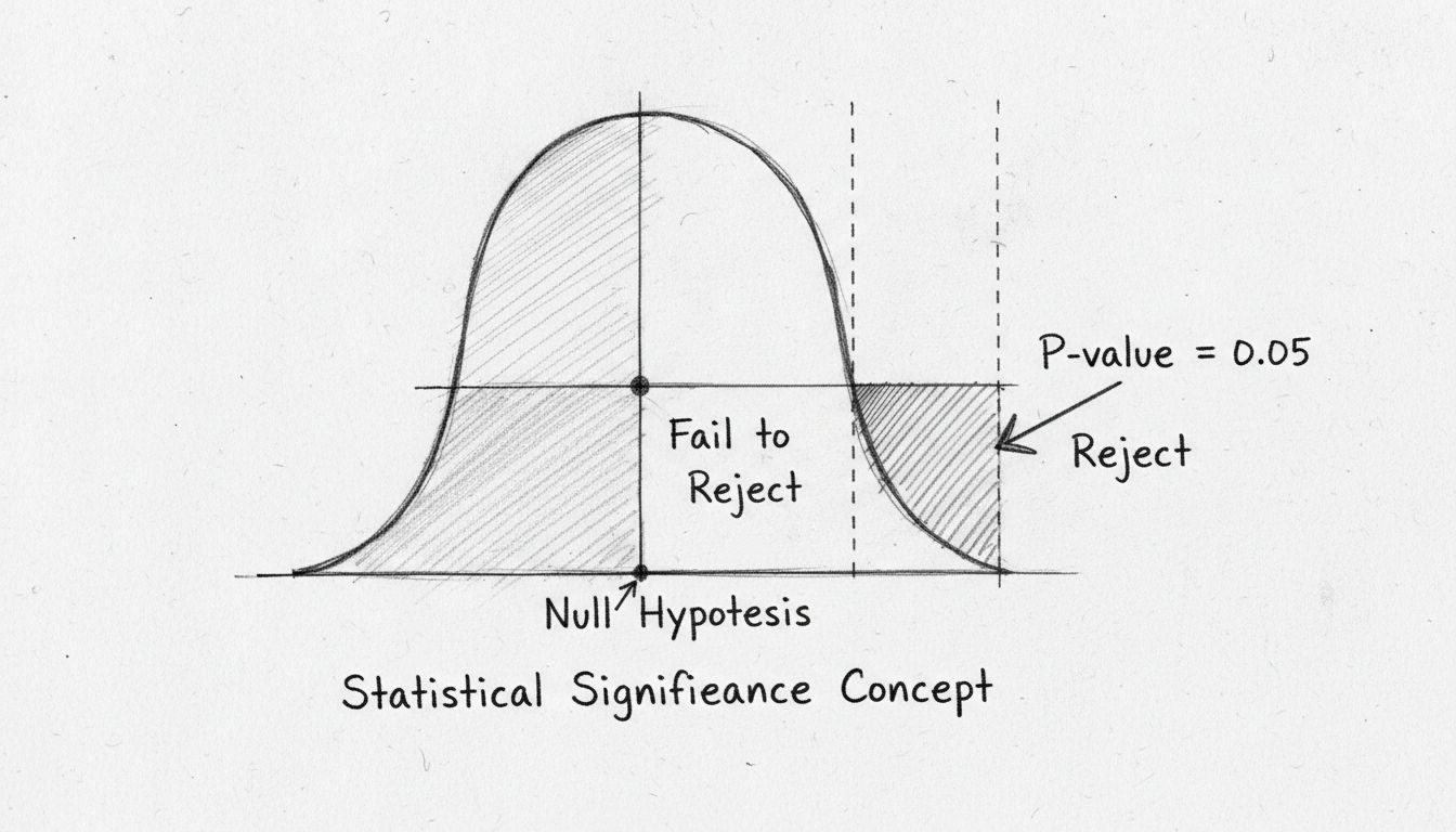 Bell curve distribution showing p-value threshold at 0.05 with null hypothesis and rejection regions labeled