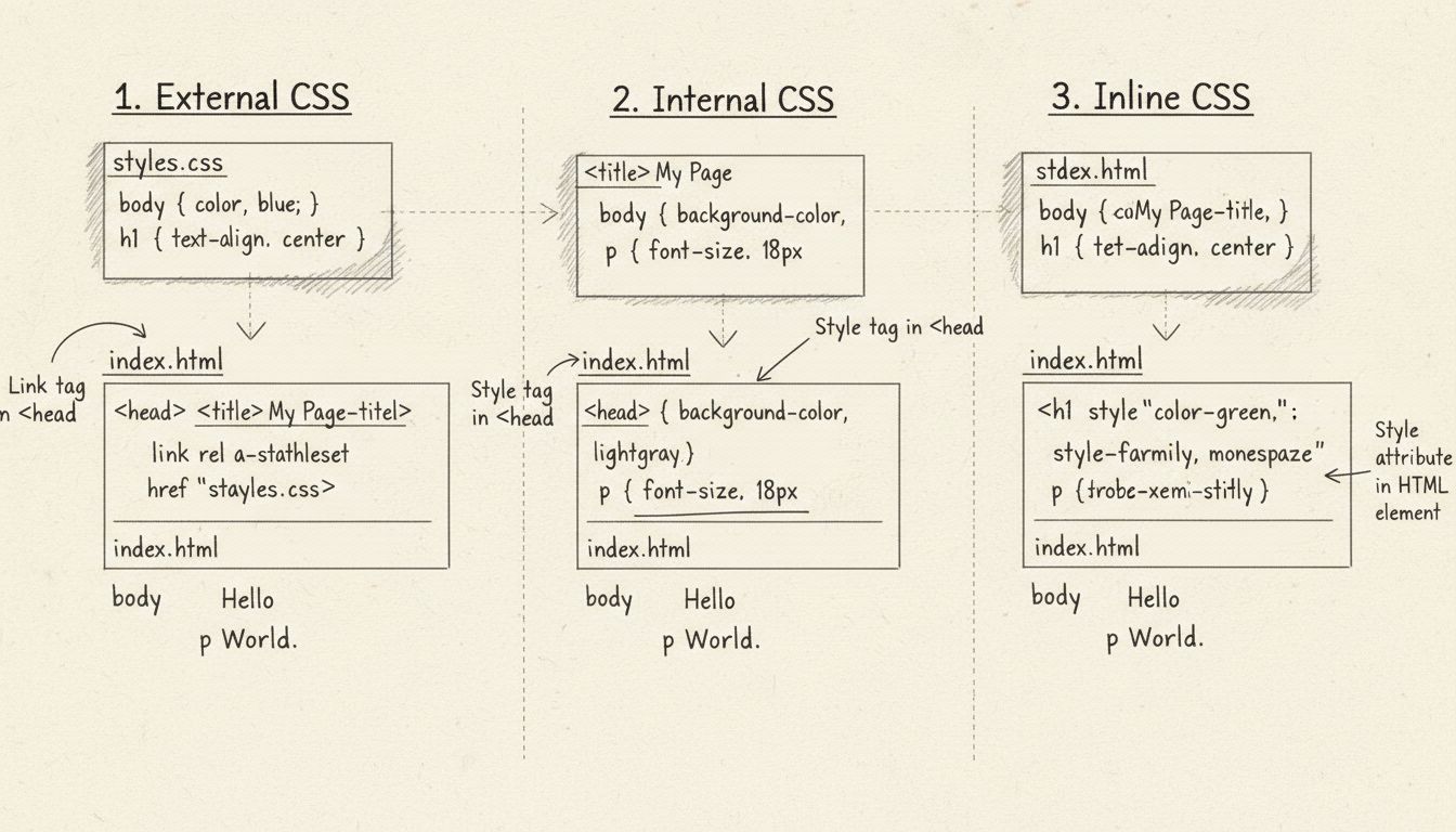 Three methods to add CSS to HTML: External CSS with link tag, Internal CSS with style tag, and Inline CSS with style attribute