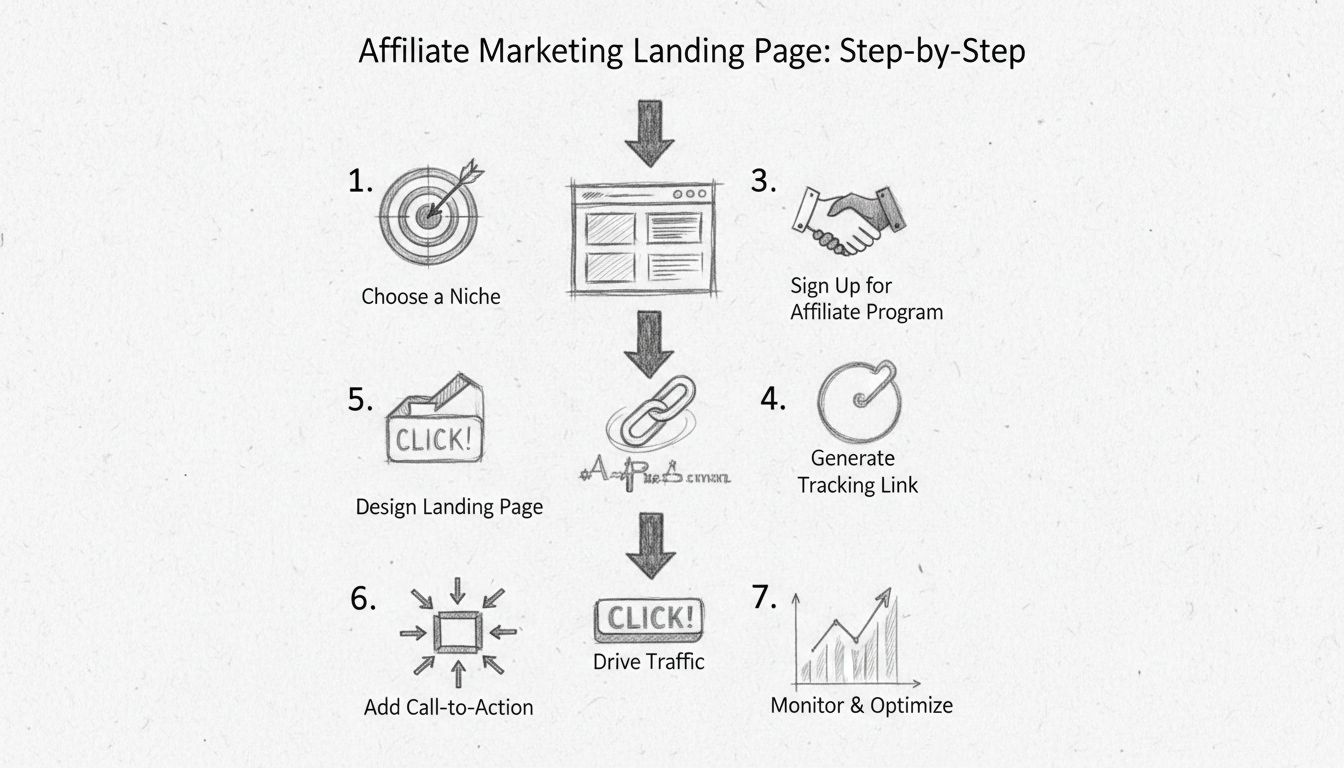 Step-by-step process diagram for starting an affiliate marketing landing page showing 7 key steps from niche selection to optimization