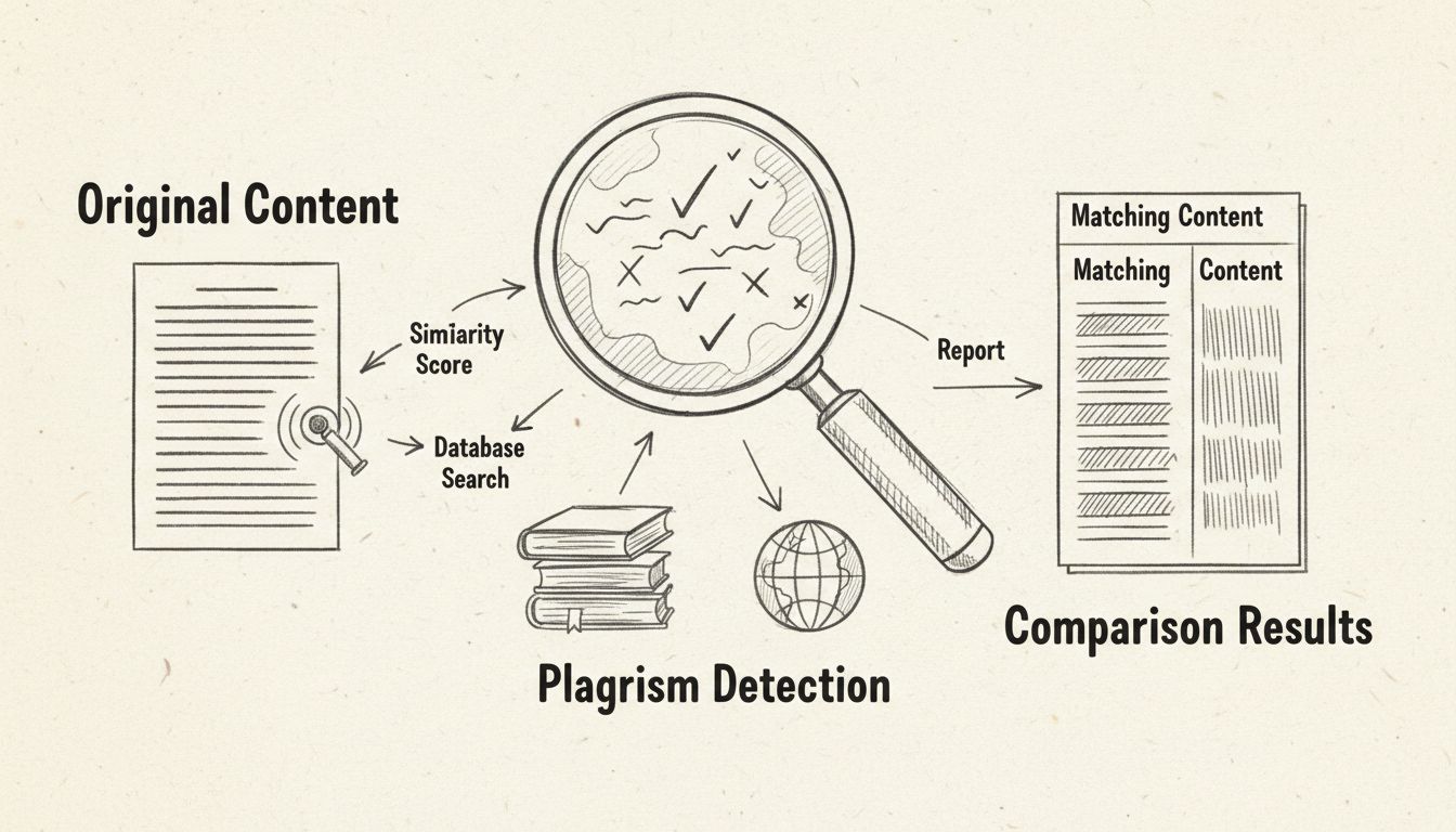 Hand-drawn diagram showing plagiarism detection workflow with document scanning, comparison analysis, and results highlighting