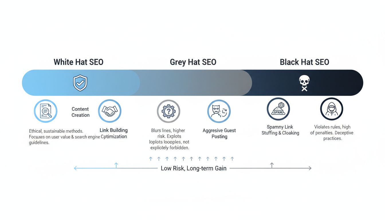 SEO spectrum showing white hat, grey hat, and black hat techniques with risk levels