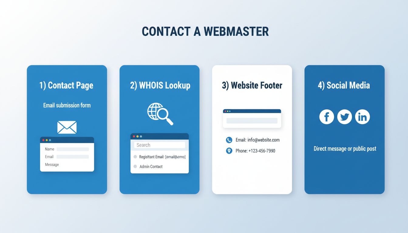Four methods to contact a webmaster: Contact page, WHOIS lookup, footer information, and social media