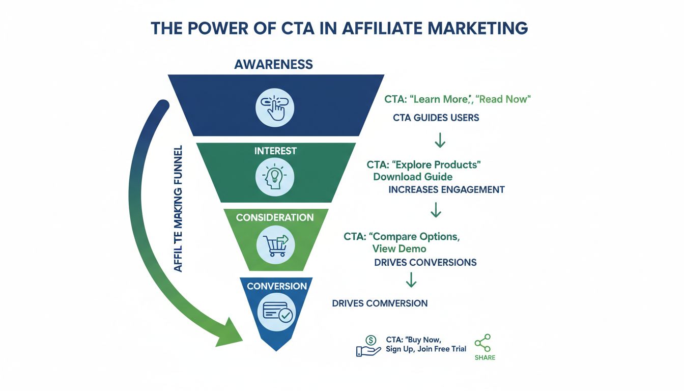 Marketing funnel showing how CTAs guide users through awareness, interest, consideration, and conversion stages