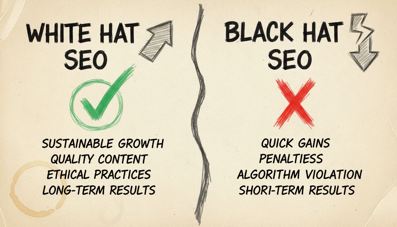 Comparison diagram of White Hat SEO vs Black Hat SEO showing sustainable growth versus penalties