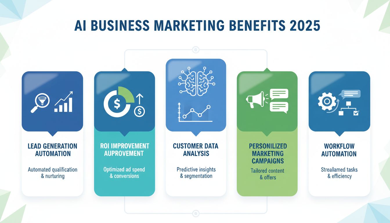 AI benefits for business marketing infographic showing lead generation, ROI improvement, customer data analysis, personalized campaigns, and workflow automation