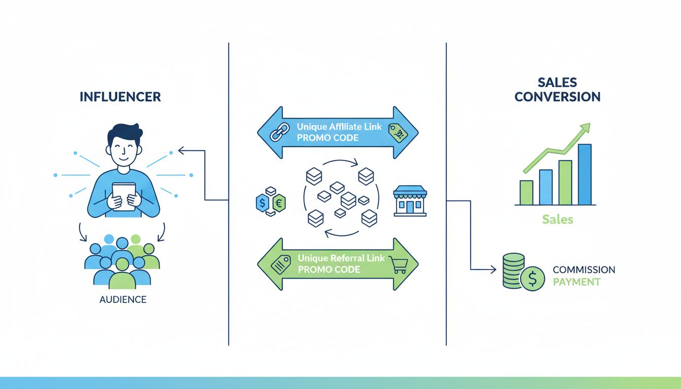 Influencer affiliate marketing partnership flow diagram showing unique links, audience engagement, and commission structure