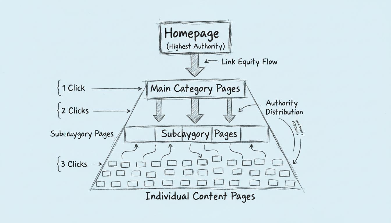 Internal linking site architecture pyramid showing homepage at top with authority flowing down through category pages to content pages, with crawl depth indicators