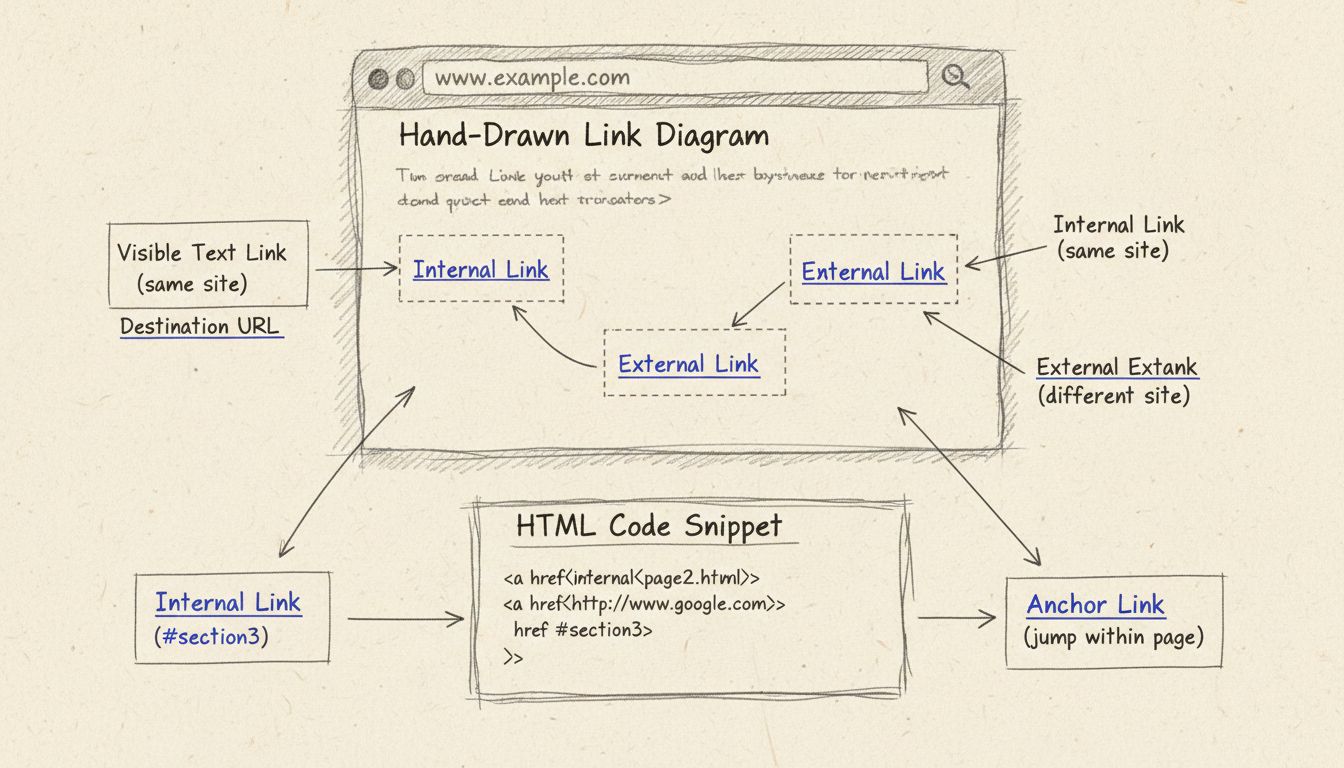 Hand-drawn diagram showing visible text links structure with HTML code, internal links, external links, and anchor link examples