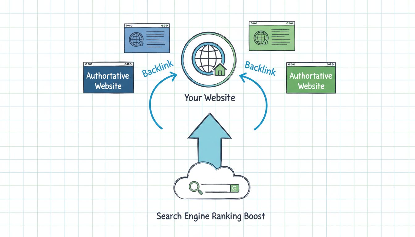 Infographic showing how backlinks work for SEO with multiple websites connected to a central website