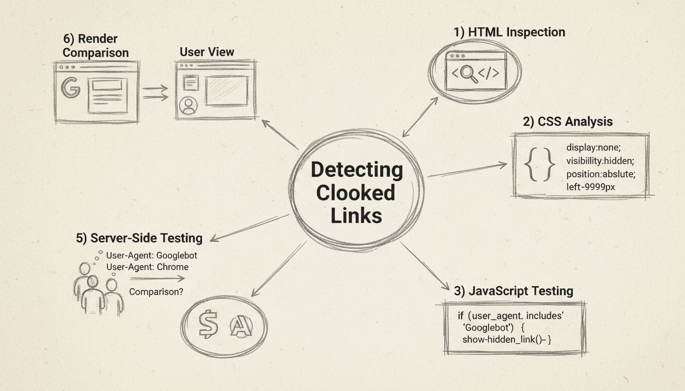 Diagram showing six methods to detect cloaked links: HTML Inspection, CSS Analysis, JavaScript Testing, SEO Tools, Server-Side Testing, and Render Comparison