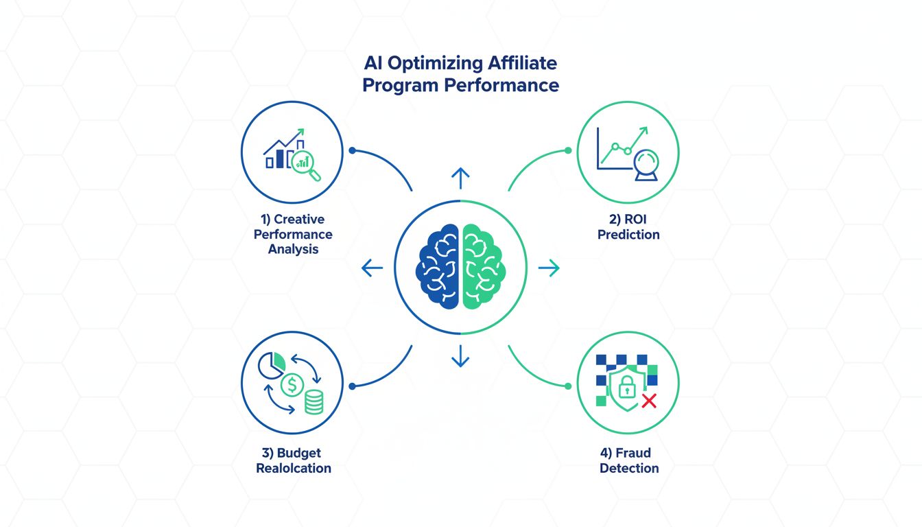 AI-powered affiliate program optimization showing creative analysis, ROI prediction, budget reallocation, and fraud detection