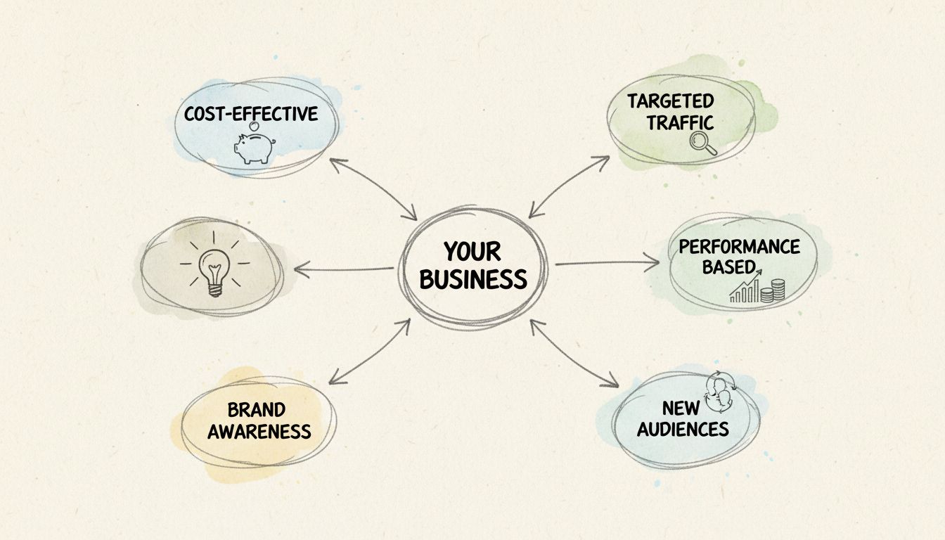 Affiliate marketing benefits diagram showing business hub connected to multiple affiliate partners with cost-effective, targeted traffic, brand awareness, and performance-based benefits