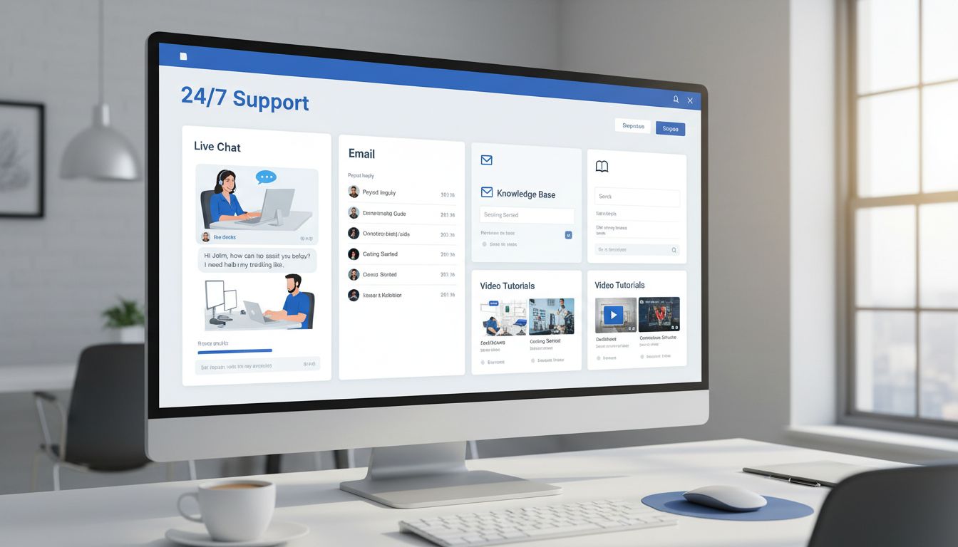 Professional affiliate support dashboard with multiple communication channels including live chat, email, knowledge base, and video tutorials