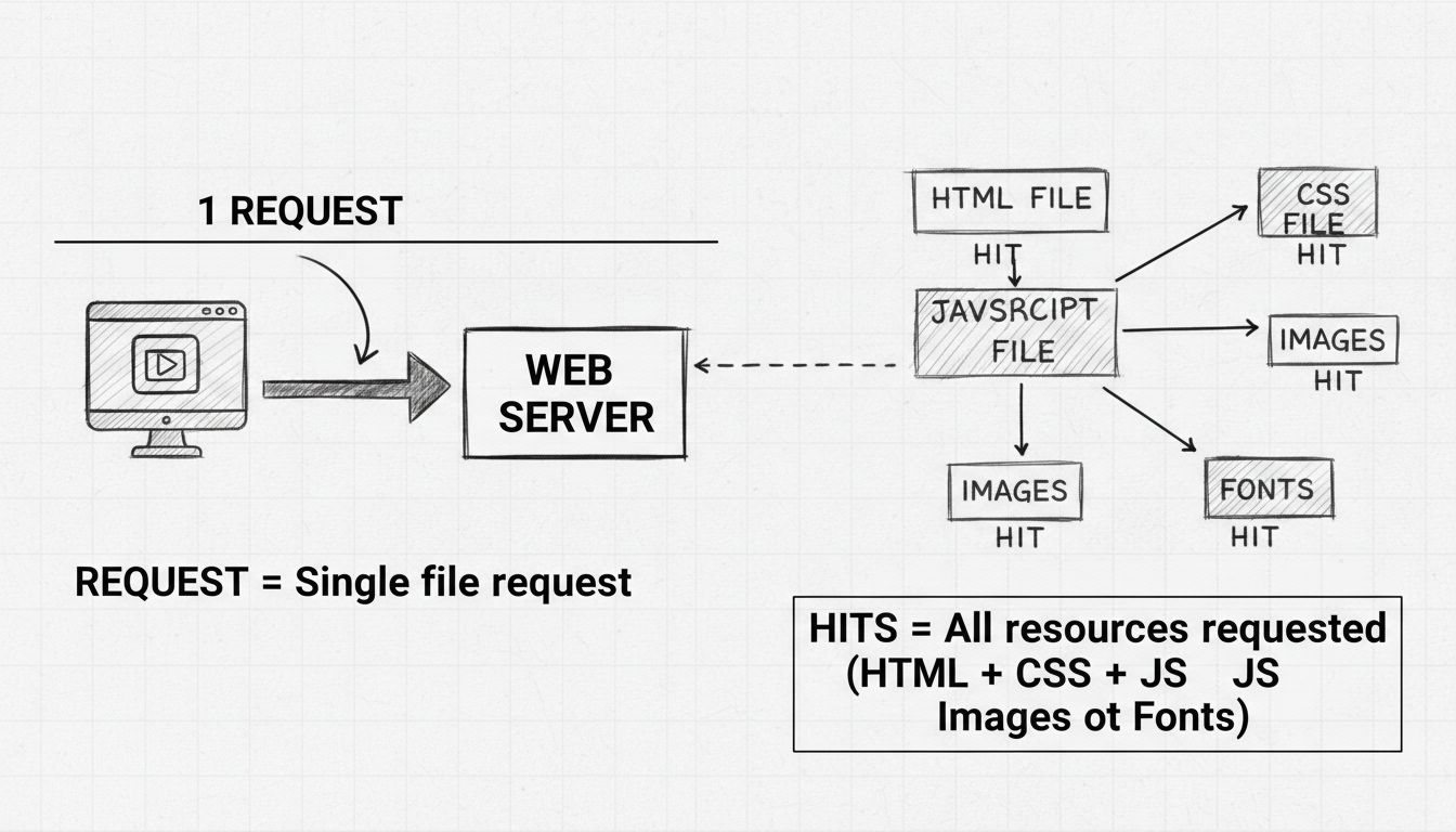 Diagram showing the difference between HTTP requests and hits, with a single request breaking down into multiple hits for HTML, CSS, JavaScript, images, and fonts