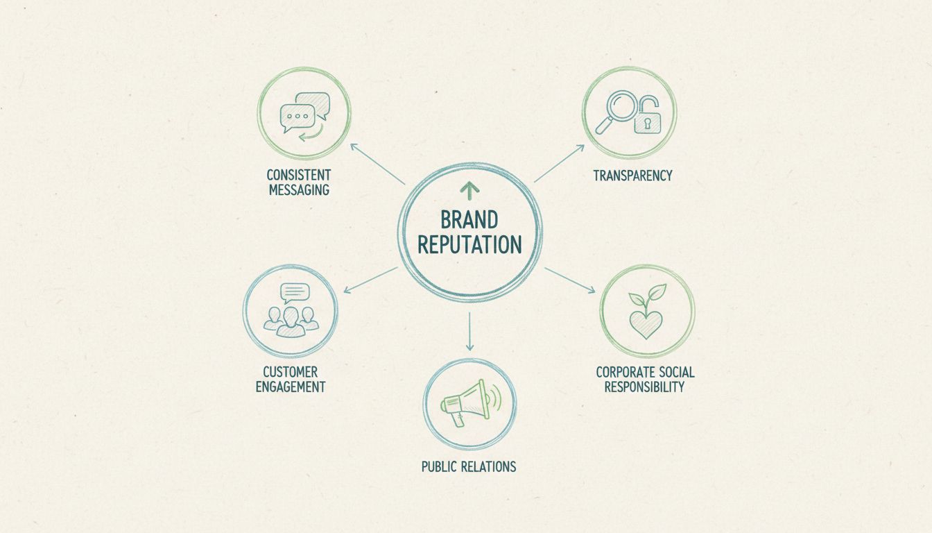 Hand-drawn diagram of brand reputation building strategies including consistent messaging, transparency, customer engagement, public relations, and corporate social responsibility