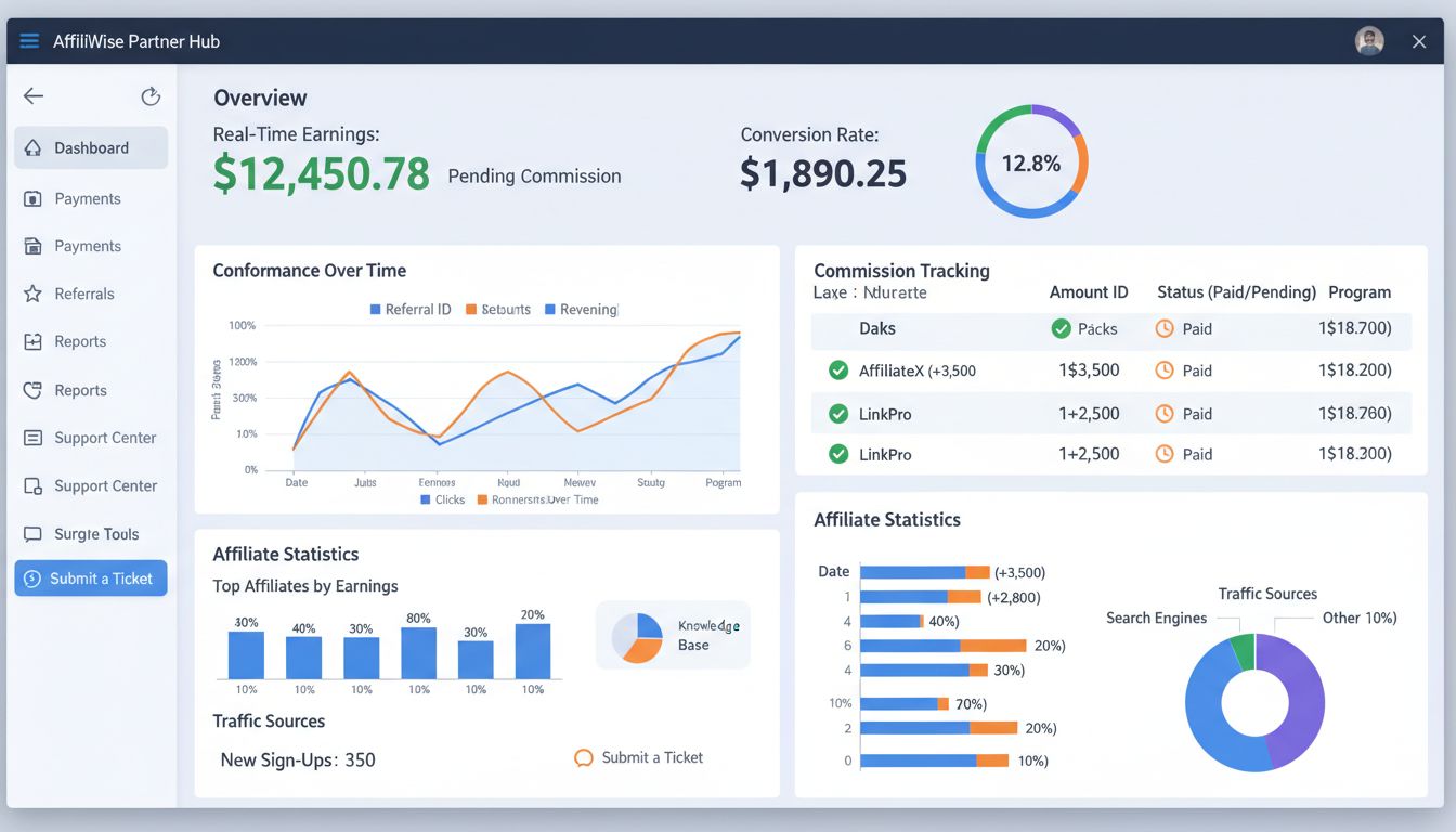 Affiliate program dashboard showing performance metrics, commission tracking, earnings, and support tools