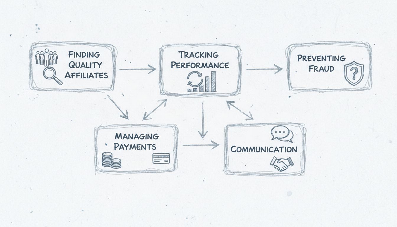 Affiliate marketing challenges diagram showing finding quality affiliates, tracking performance, preventing fraud, managing payments, and communication