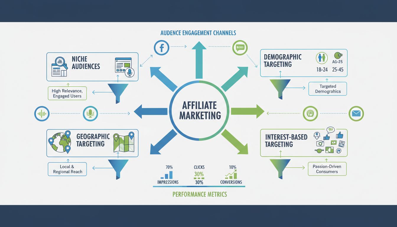 Affiliate marketing audience targeting infographic showing niche audiences, demographic targeting, geographic targeting, and interest-based targeting methods
