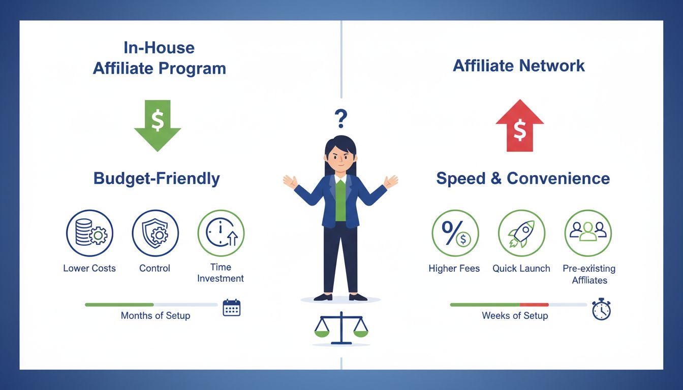 Comparison diagram showing in-house affiliate program vs affiliate network options for small businesses with cost, control, and timeline considerations