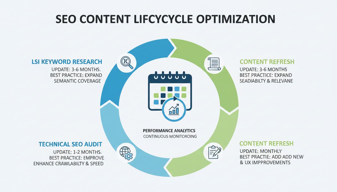LSI keyword update schedule and content refresh timeline showing 3-6 months for keyword research, 1-2 months for on-page optimization, quarterly for technical SEO, and monthly for content updates
