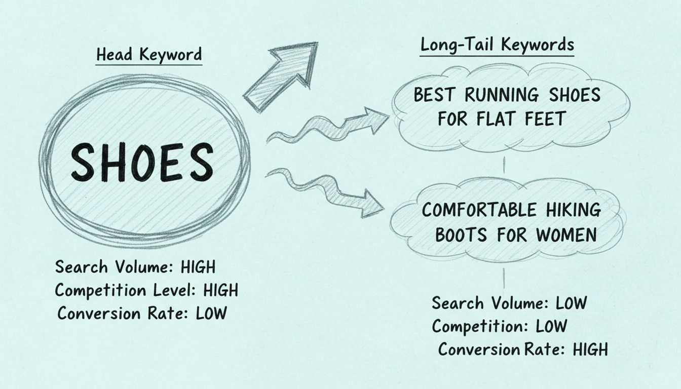 Long-tail keyword strategy diagram showing broad keywords versus specific long-tail keywords with competition and conversion rates