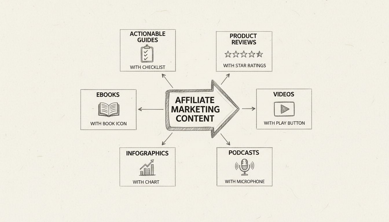 Six types of affiliate marketing content: actionable guides, product reviews, ebooks, videos, infographics, and podcasts