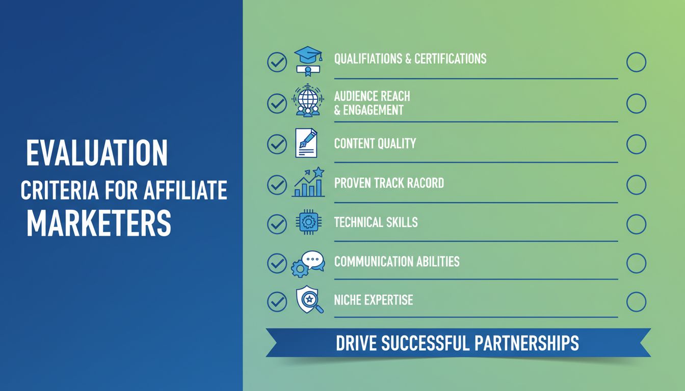 Affiliate marketer evaluation criteria checklist including qualifications, audience reach, content quality, track record, technical skills, communication, brand reputation, and niche expertise