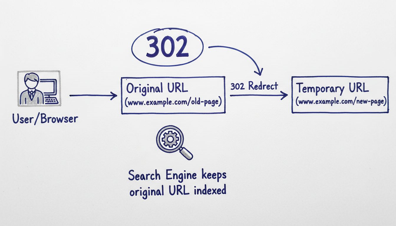 Technical diagram showing how 302 temporary redirect works with user browser, original URL, and search engine indexing
