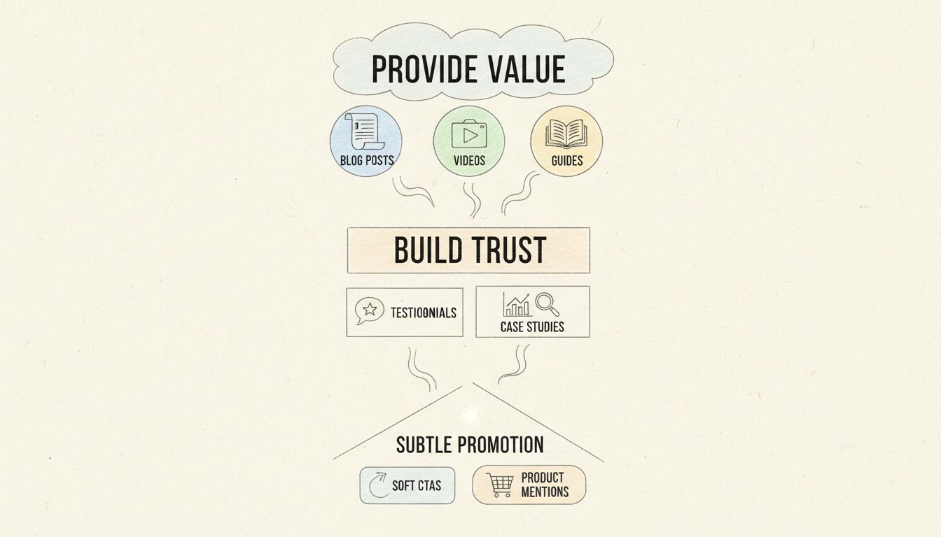 Value-first marketing funnel diagram showing progression from providing value through building trust to subtle promotion