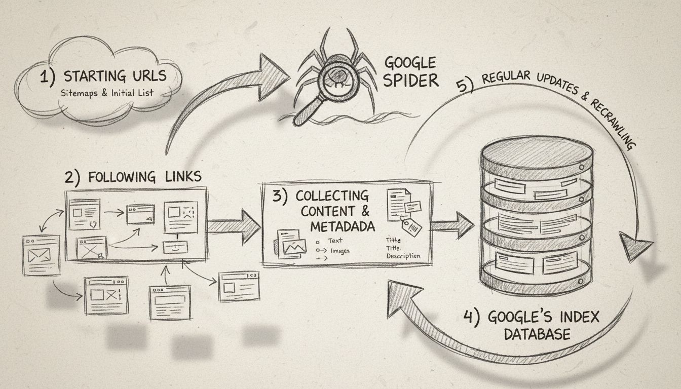 Hand-drawn diagram showing Google Spider crawling workflow with steps for URL discovery, link following, content collection, and indexing