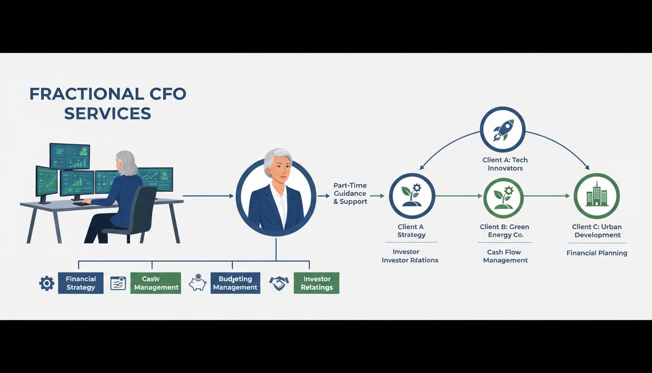 Fractional CFO providing financial services including cash flow management, budgeting, financial strategy, risk management, and investor relations