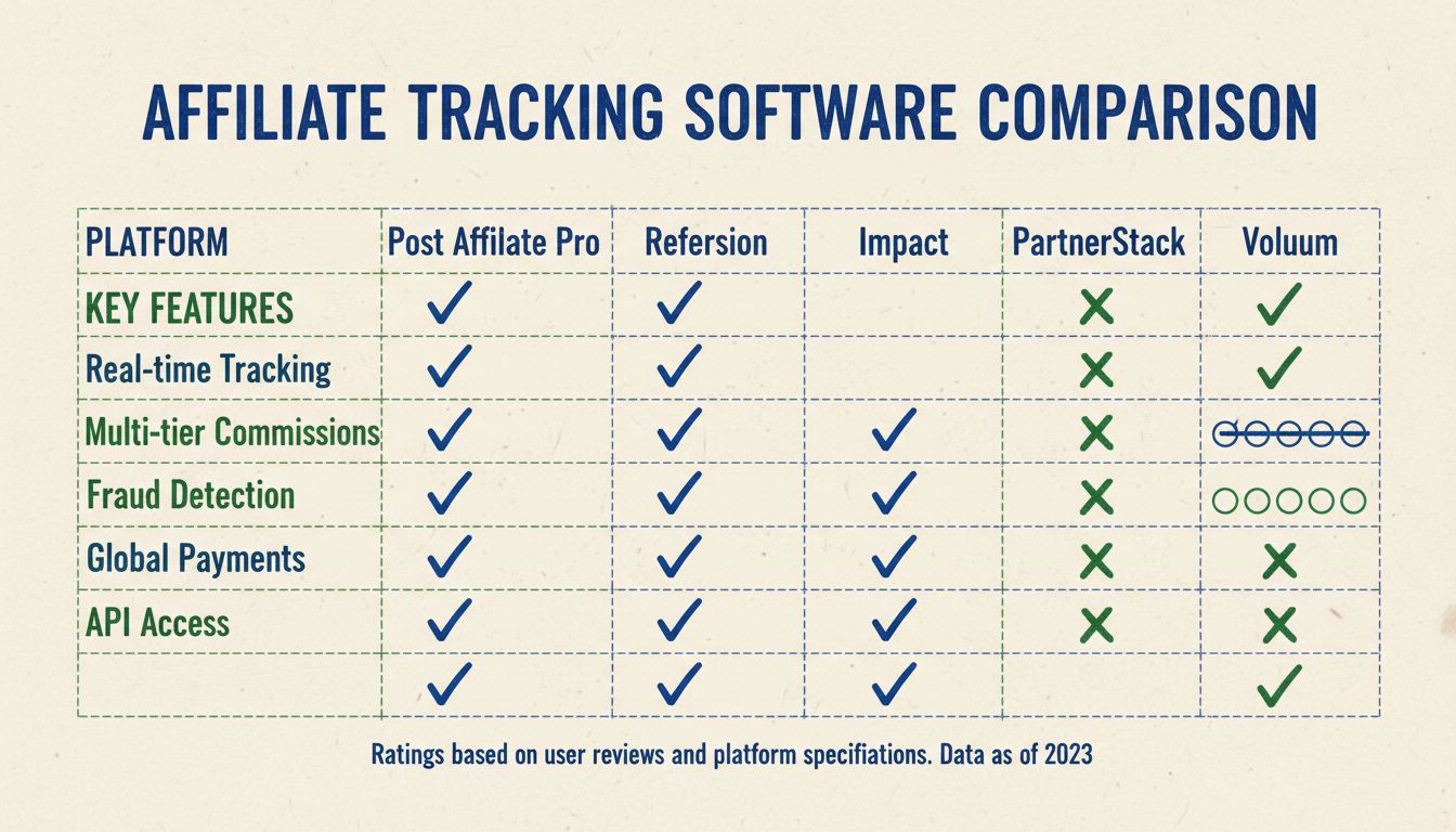 Affiliate tracking platform comparison chart showing features and capabilities