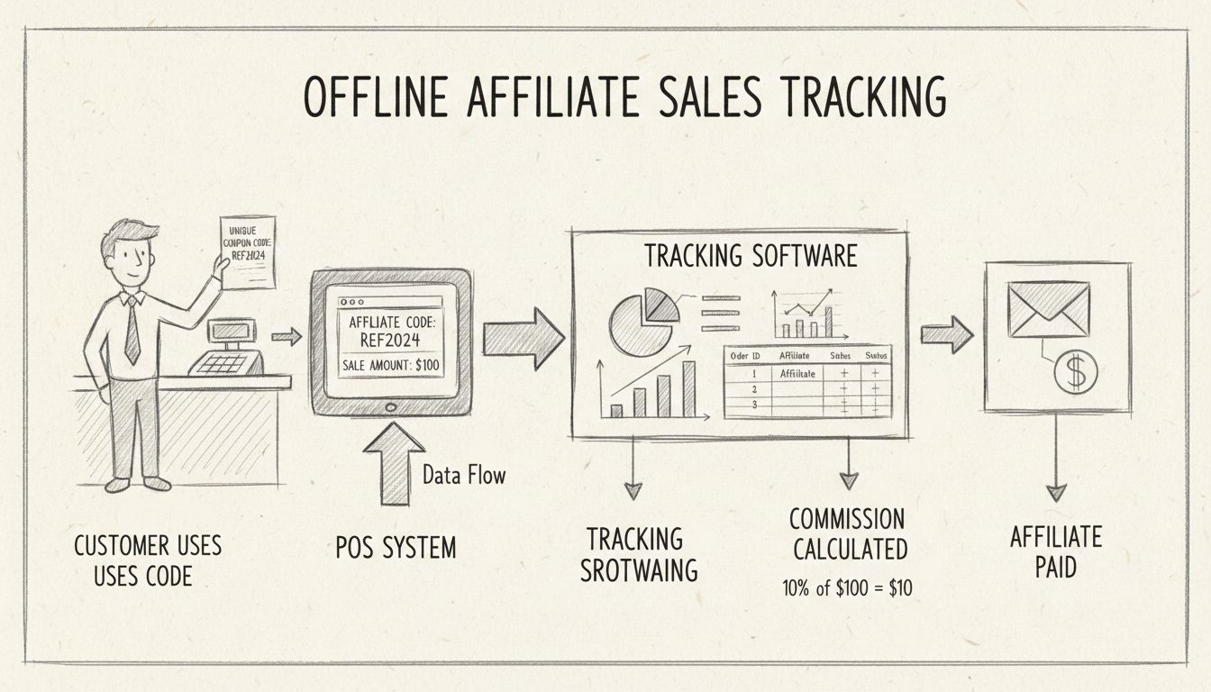 Offline affiliate sales tracking system diagram showing customer using coupon code at POS, data flowing to tracking software, commission calculation, and affiliate payment
