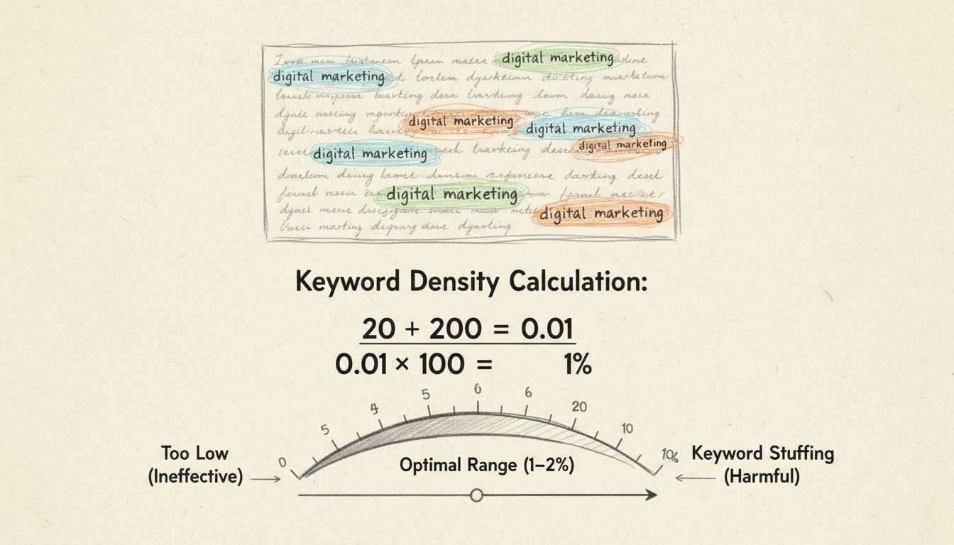 Keyword density calculation diagram showing 1-2% optimal range with formula and gauge