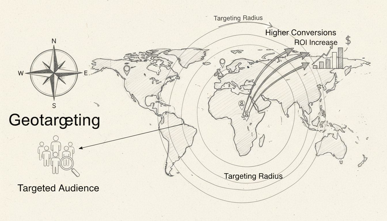 Hand-drawn diagram showing geotargeting effectiveness with location pins, targeting radius circles, conversion arrows, and ROI metrics