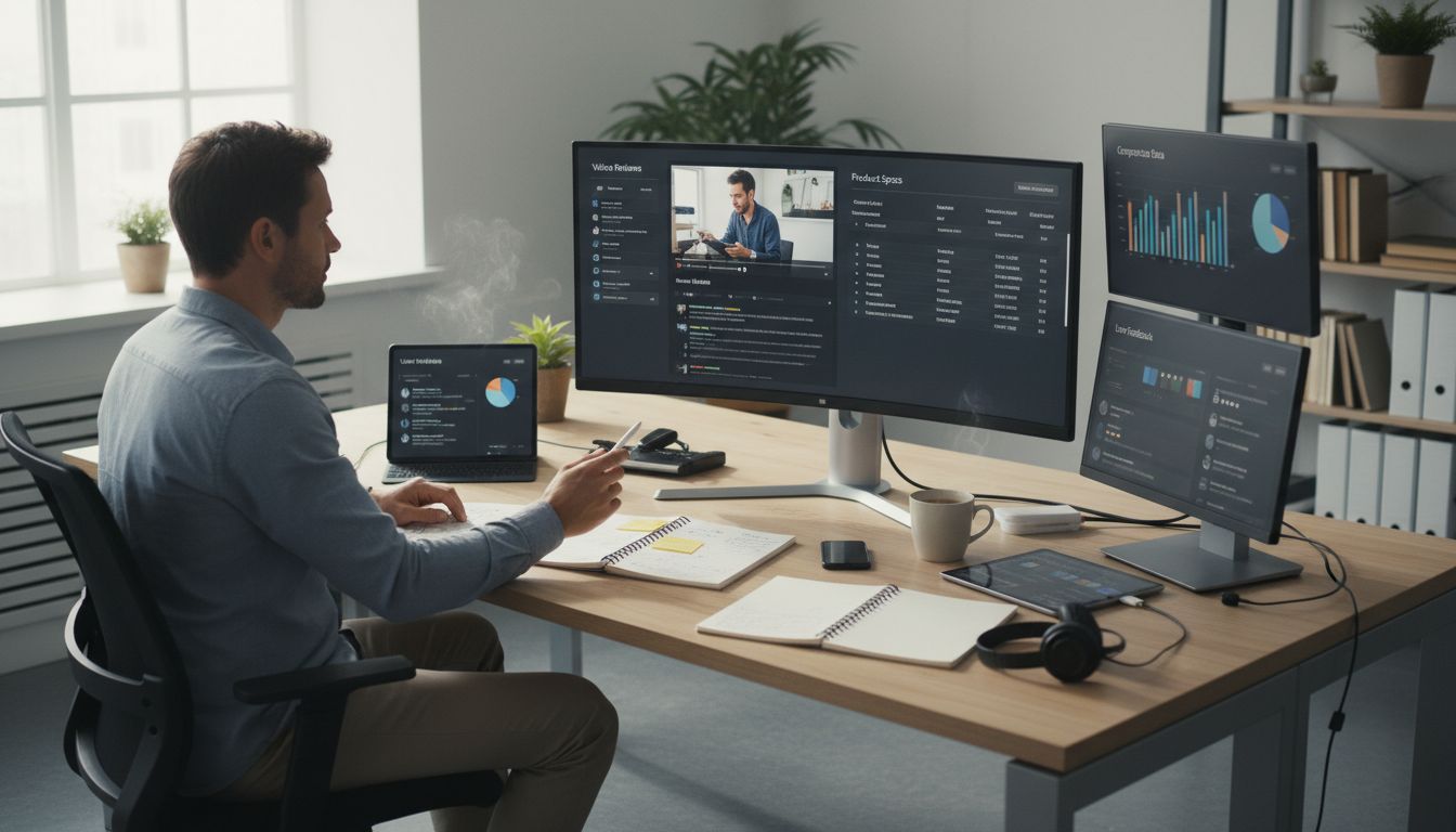 Professional workspace with multiple screens showing product research, specifications, video reviews, and comparison data for writing informed product reviews