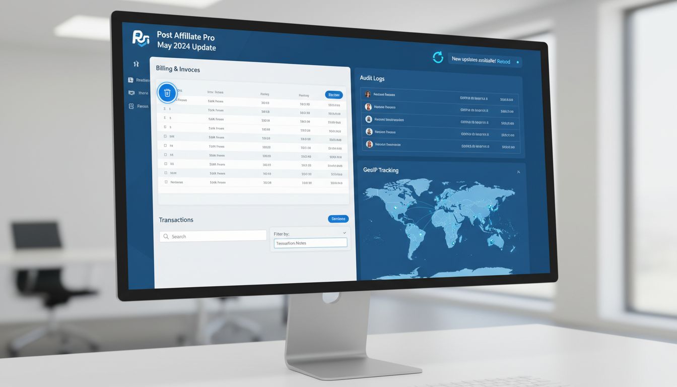 Post Affiliate Pro dashboard showing reload notification, audit logs, GeoIP tracking, and transaction filtering features