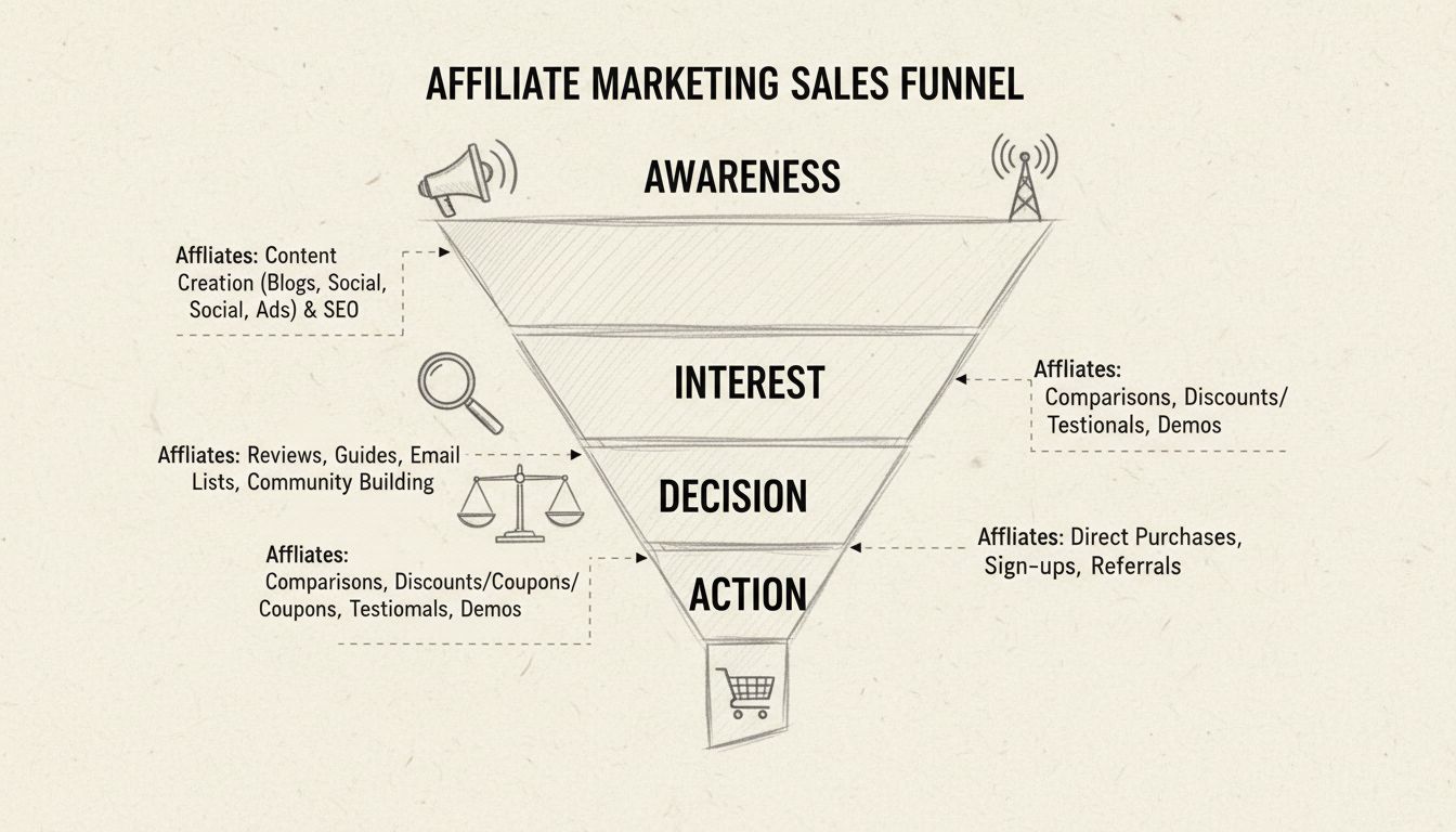 Hand-drawn diagram showing affiliate marketing sales funnel with four stages: Awareness, Interest, Decision, and Action, with icons and annotations explaining affiliate roles at each level