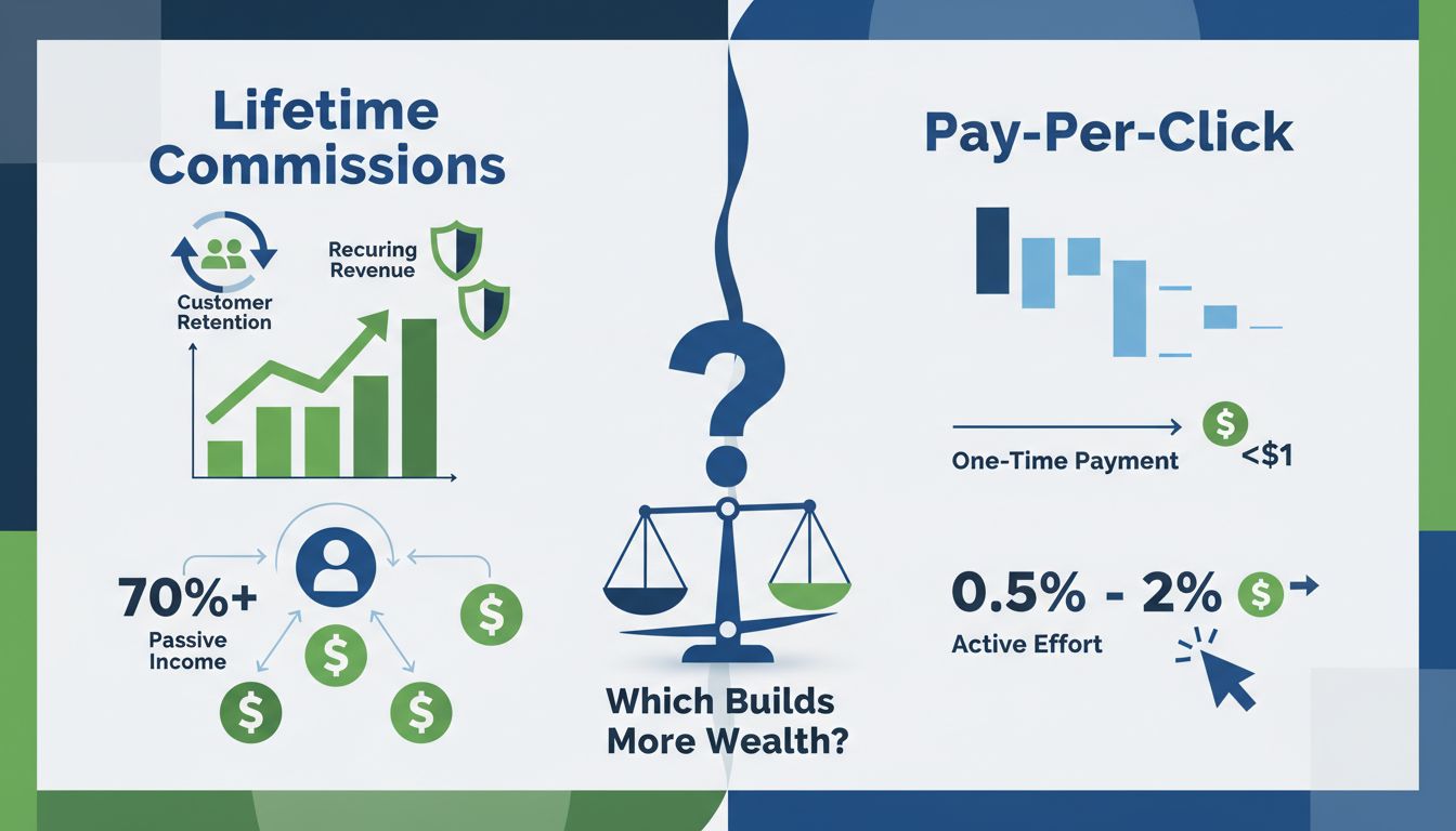 Comparison infographic of lifetime commissions versus pay-per-click affiliate models showing recurring revenue and one-time payments