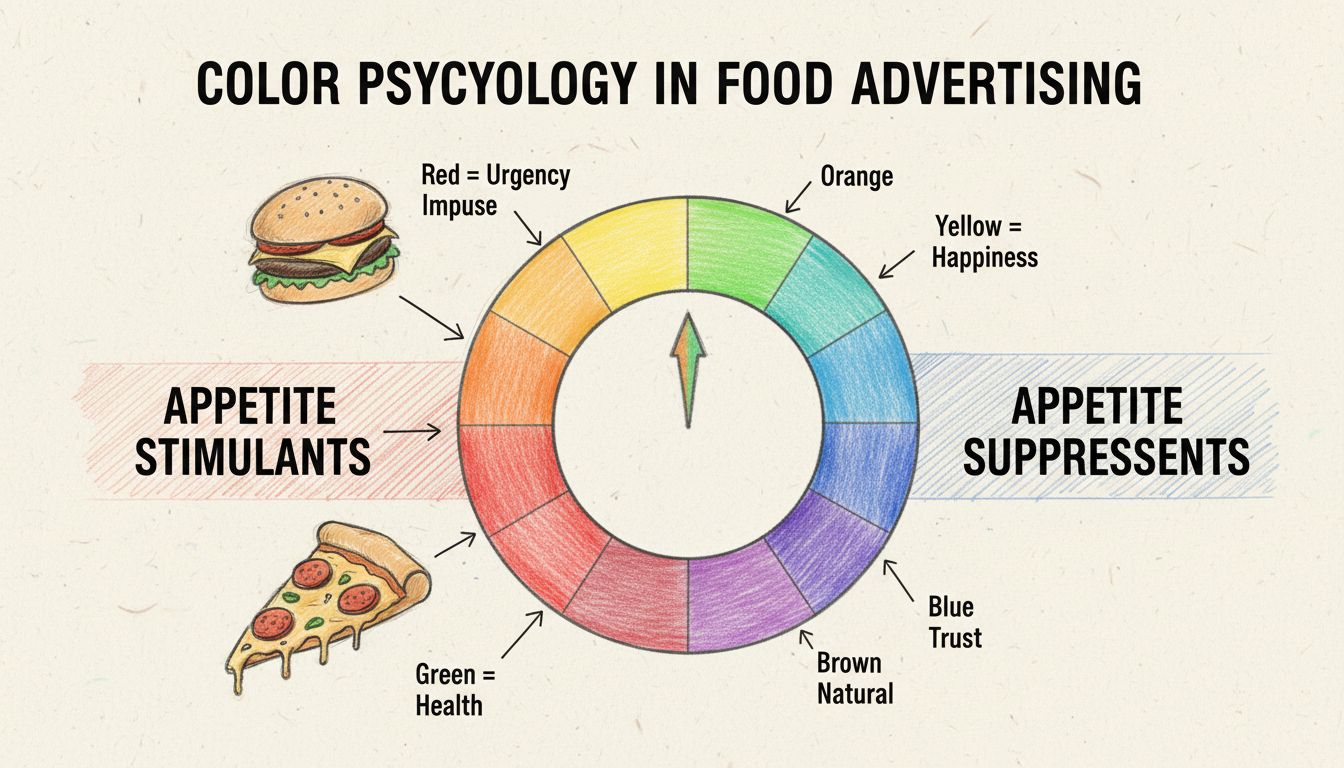 Color psychology diagram showing warm colors for appetite stimulation and cool colors for appetite suppression in food advertising