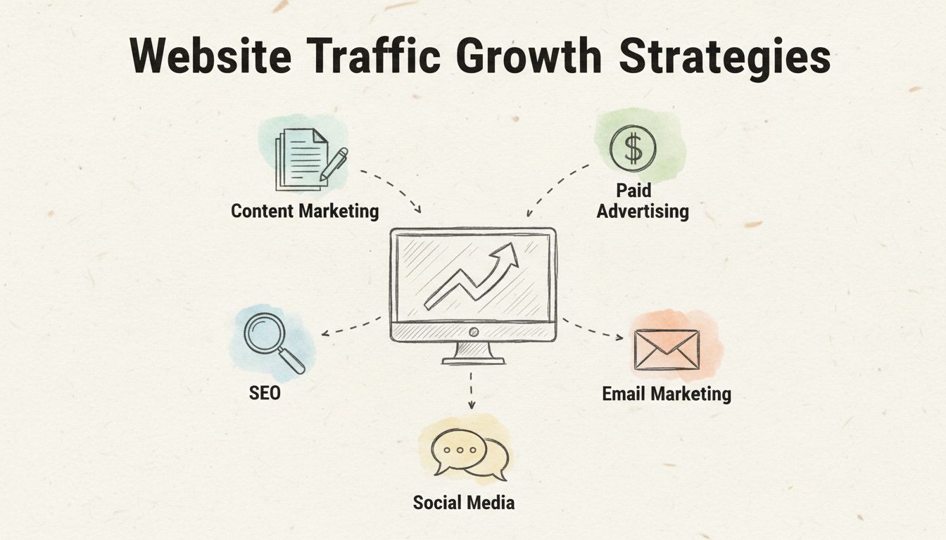 Website Traffic Growth Strategies diagram showing multiple traffic sources including SEO, social media, email marketing, content marketing, and paid advertising