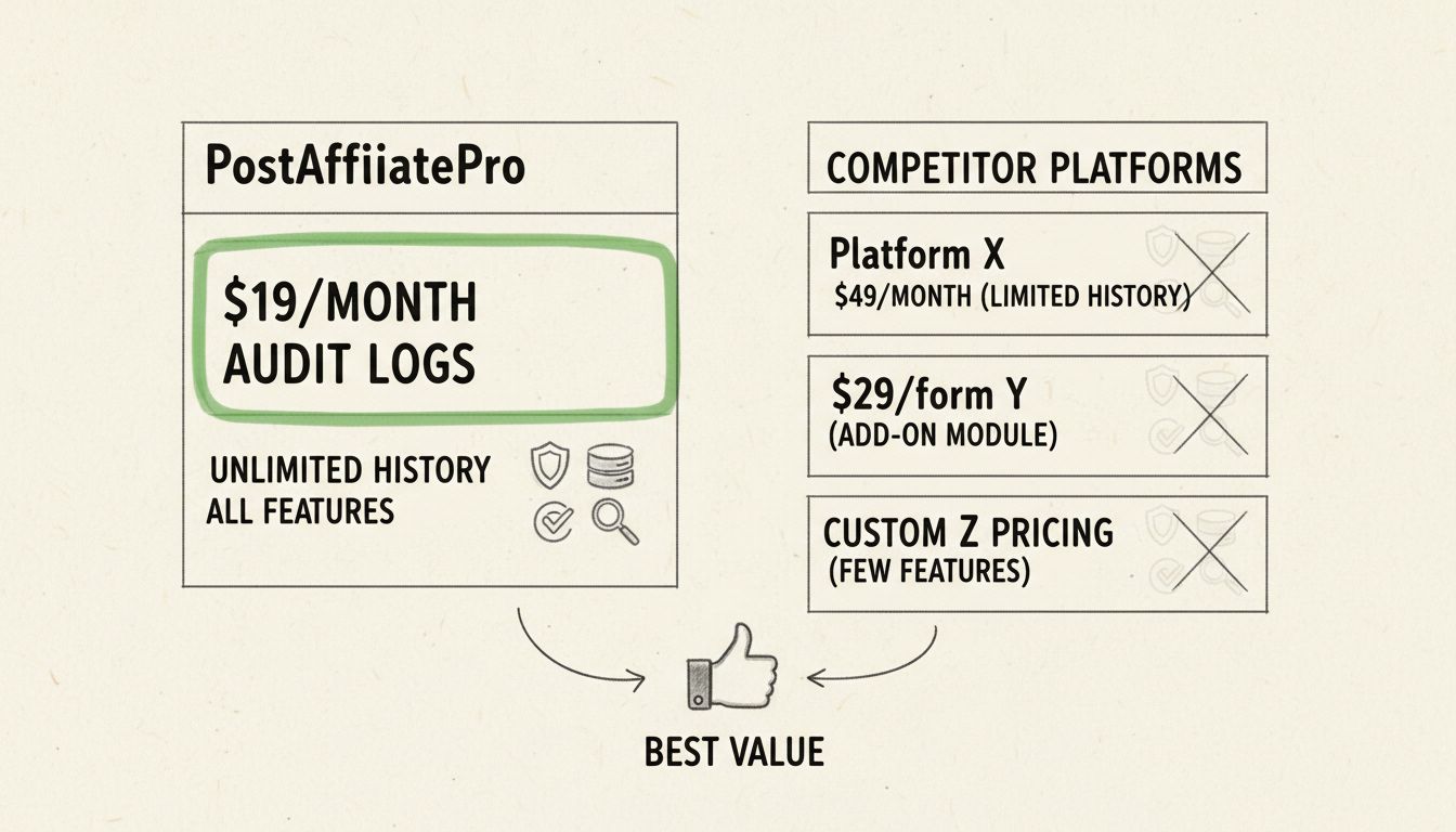 Audit log pricing comparison showing PostAffiliatePro at $19/month as the most affordable option with full feature set
