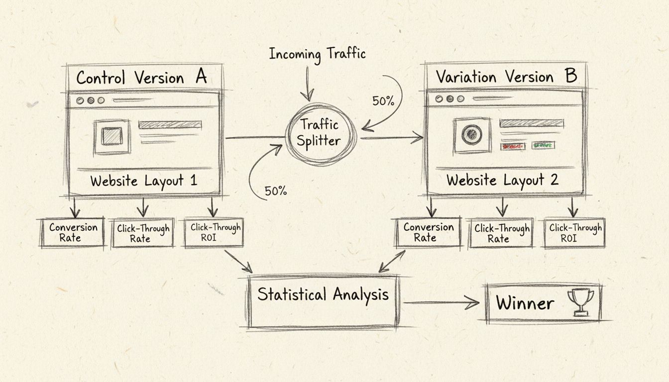 Hand-drawn diagram showing A/B split testing with Control Version A and Variation Version B, traffic split visualization, and metrics analysis