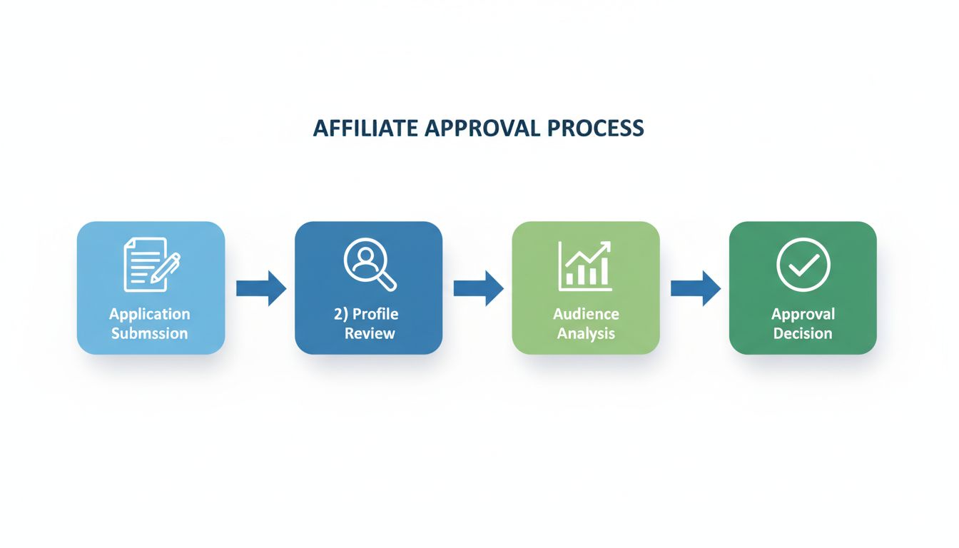 Affiliate approval process workflow showing application submission, profile review, audience analysis, and approval decision steps