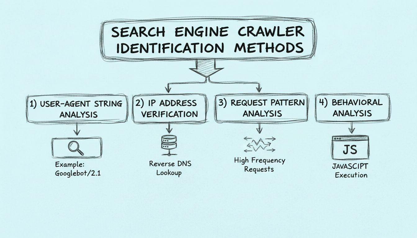 Hand-drawn diagram showing four methods for identifying search engine crawlers: User-Agent String Analysis, IP Address Verification, Request Pattern Analysis, and Behavioral Analysis